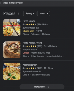 Google suche "Pizza in meiner nähe" in Einsiedeln